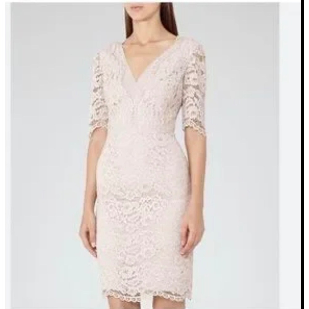 Reiss Dahlia Lace‎ Sheath Dress Womens 8 Pink V-Neck Cocktail Wedding Guest